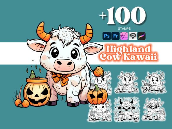 100 Highland Cow Halloween Photoshop Brushes for Creative Design