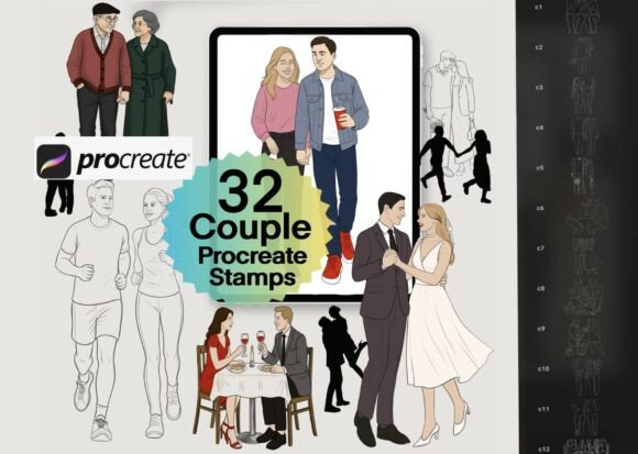 Romantic Couple Procreate Stamps: Enhancing Digital Art with Expressive Couple Illustrations